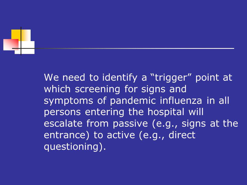 We need to identify a trigger point at which screening for signs and symptoms of pandemic influenza in all persons entering the hospital will escalate from passive (e.g., signs at the entrance) to active (e.g., direct questioning).