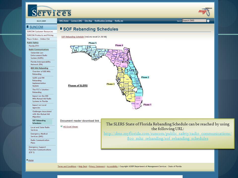 The SLERS State of Florida Rebanding Schedule can be reached by using the following URL:   800_mhz_rebanding/sof_rebanding_schedules The SLERS State of Florida Rebanding Schedule can be reached by using the following URL:   800_mhz_rebanding/sof_rebanding_schedules