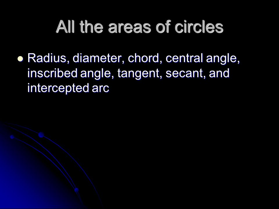 All the areas of circles Radius, diameter, chord, central angle, inscribed angle, tangent, secant, and intercepted arc Radius, diameter, chord, central angle, inscribed angle, tangent, secant, and intercepted arc