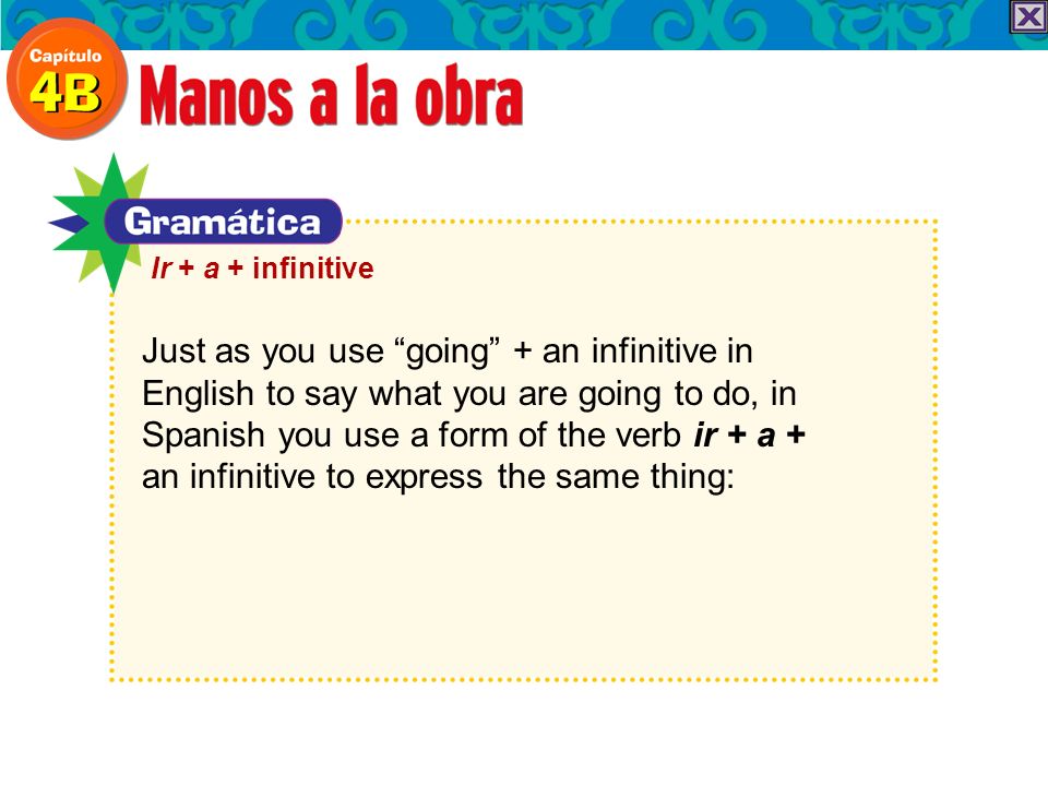 Just as you use going + an infinitive in English to say what you are going to do, in Spanish you use a form of the verb ir + a + an infinitive to express the same thing: Ir + a + infinitive