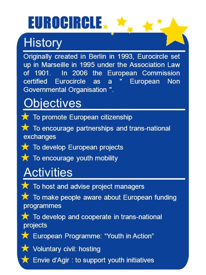 EUROCIRCLE History Originally created in Berlin in 1993, Eurocircle set up in Marseille in 1995 under the Association Law of 1901.