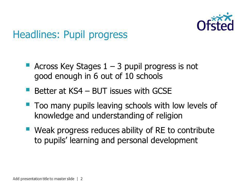 Headlines: Pupil progress Across Key Stages 1 – 3 pupil progress is not good enough in 6 out of 10 schools Better at KS4 – BUT issues with GCSE Too many pupils leaving schools with low levels of knowledge and understanding of religion Weak progress reduces ability of RE to contribute to pupils learning and personal development Add presentation title to master slide | 2