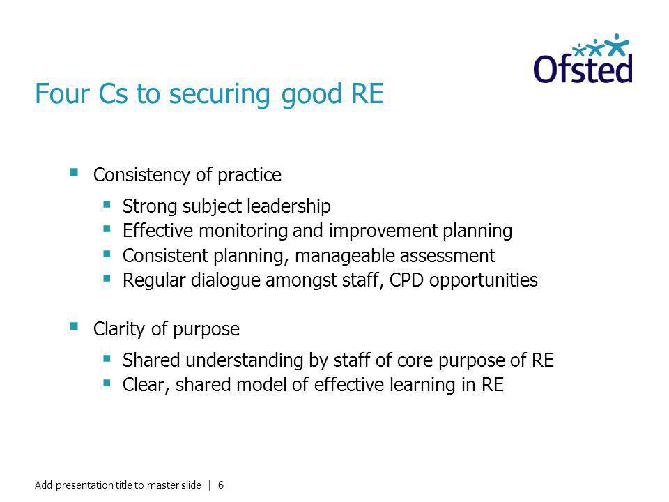 Add presentation title to master slide | 6 Four Cs to securing good RE Consistency of practice Strong subject leadership Effective monitoring and improvement planning Consistent planning, manageable assessment Regular dialogue amongst staff, CPD opportunities Clarity of purpose Shared understanding by staff of core purpose of RE Clear, shared model of effective learning in RE