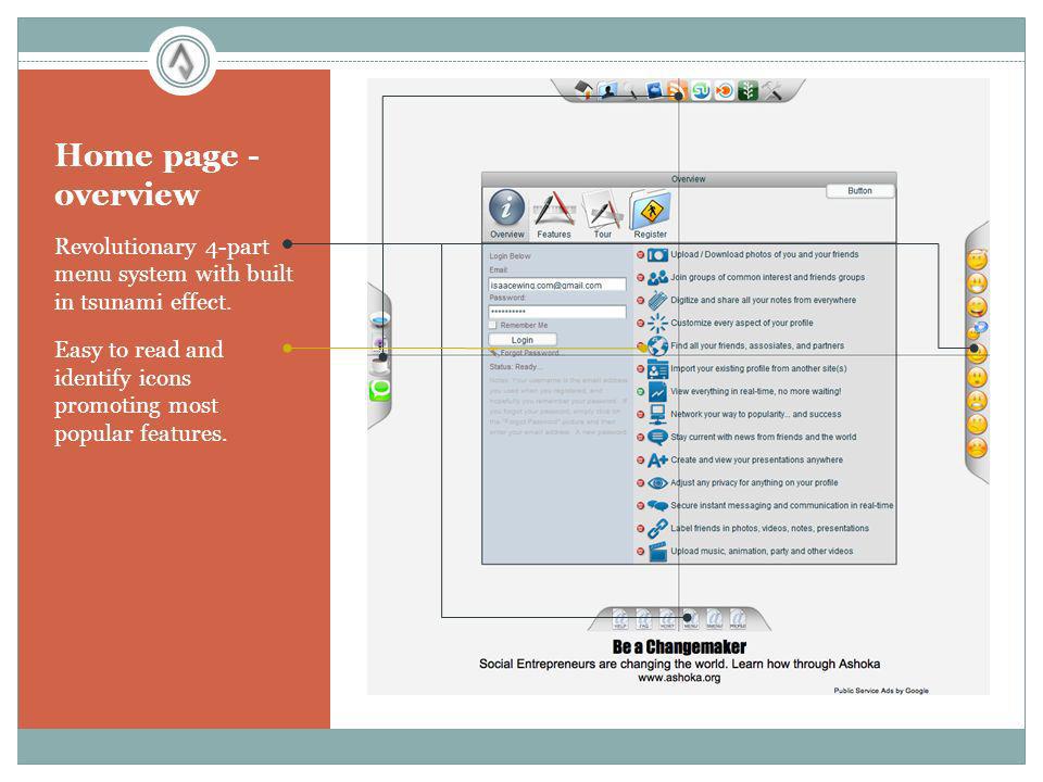 Home page - overview Revolutionary 4-part menu system with built in tsunami effect.