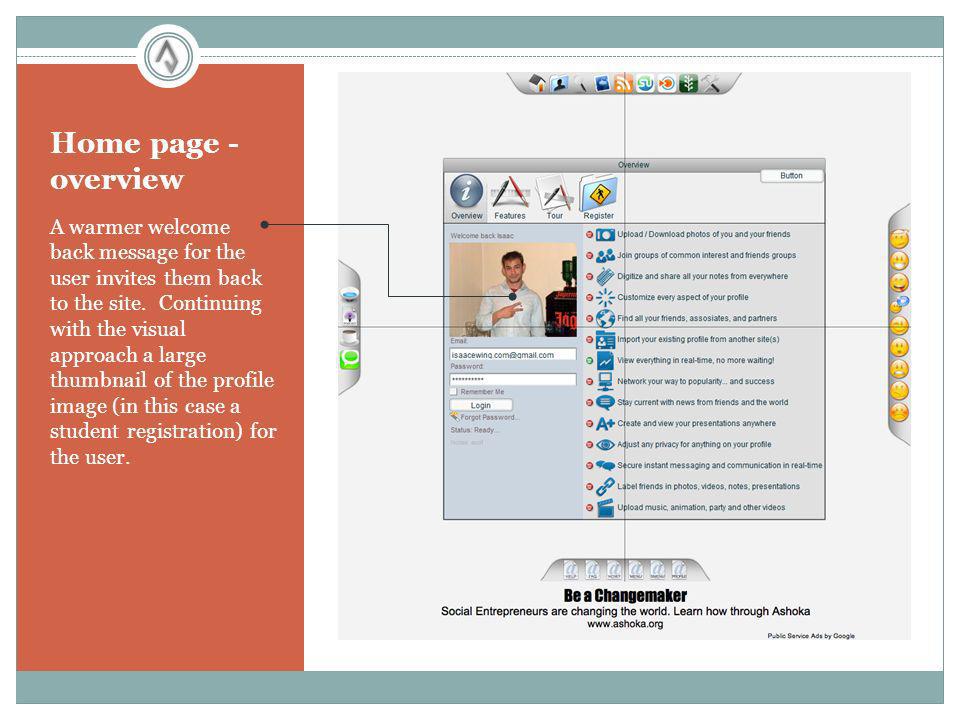 Home page - overview A warmer welcome back message for the user invites them back to the site.
