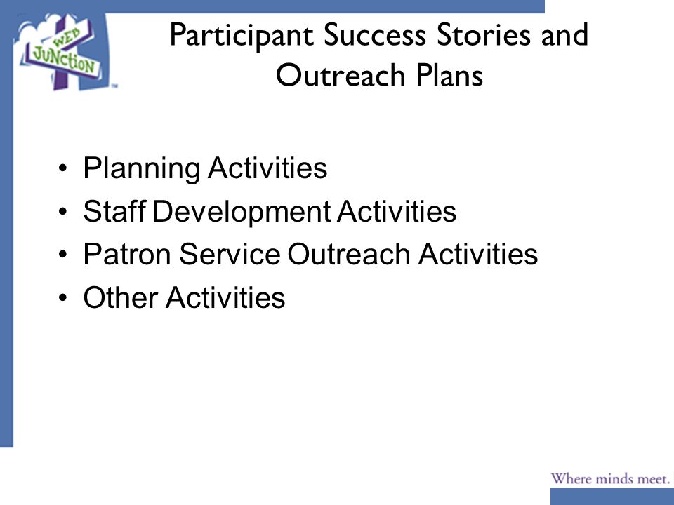 Participant Success Stories and Outreach Plans Planning Activities Staff Development Activities Patron Service Outreach Activities Other Activities