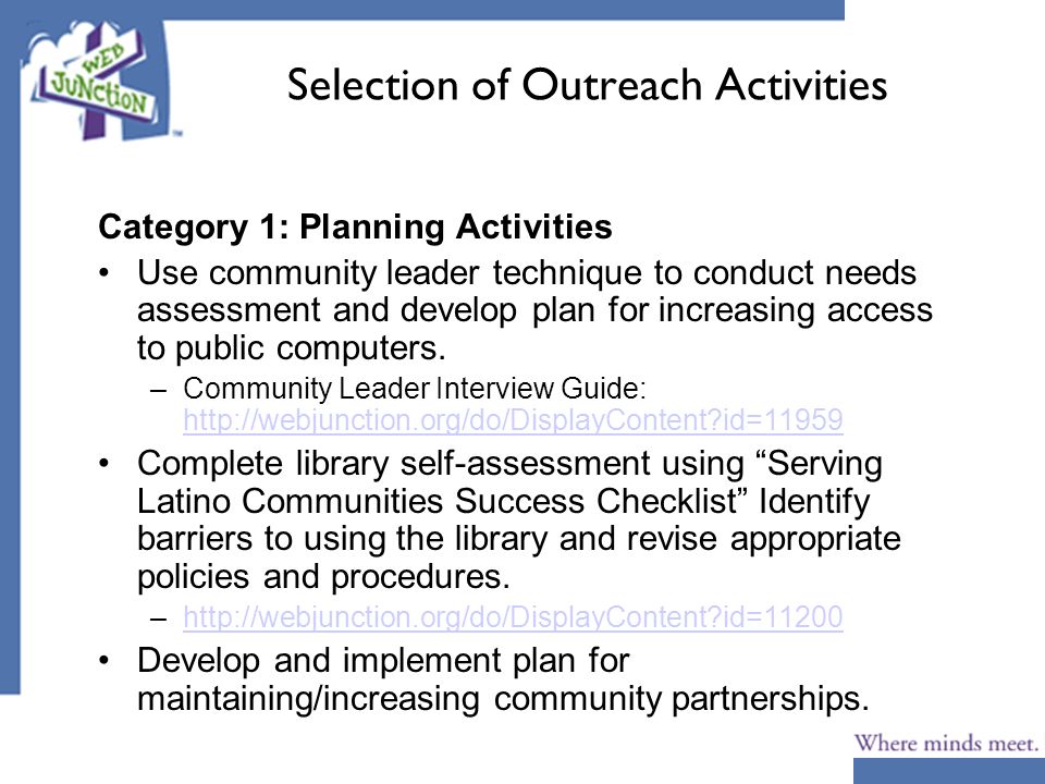 Selection of Outreach Activities Category 1: Planning Activities Use community leader technique to conduct needs assessment and develop plan for increasing access to public computers.