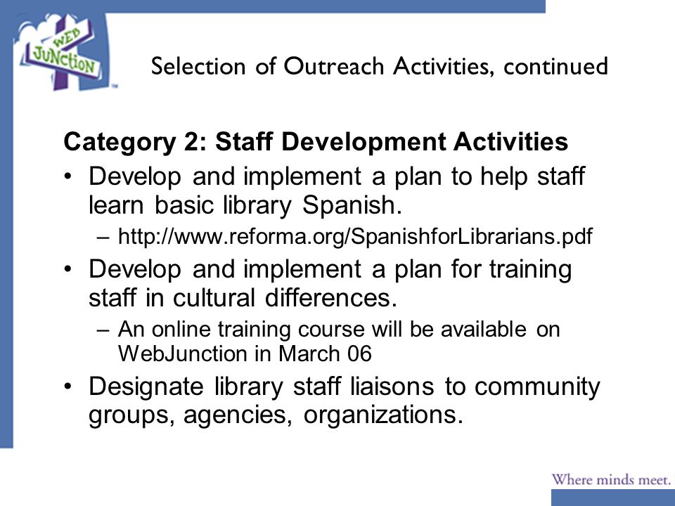 Selection of Outreach Activities, continued Category 2: Staff Development Activities Develop and implement a plan to help staff learn basic library Spanish.