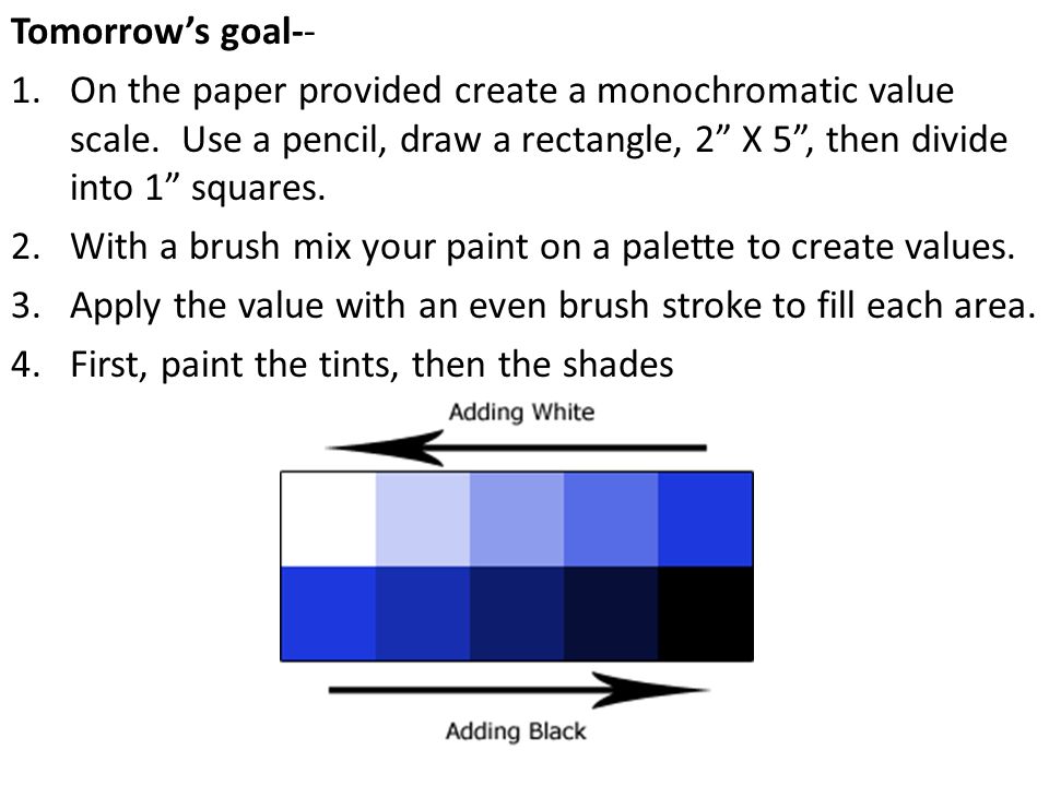 Tomorrows goal-- 1.On the paper provided create a monochromatic value scale.