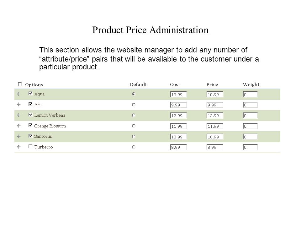 Product Price Administration This section allows the website manager to add any number of attribute/price pairs that will be available to the customer under a particular product.
