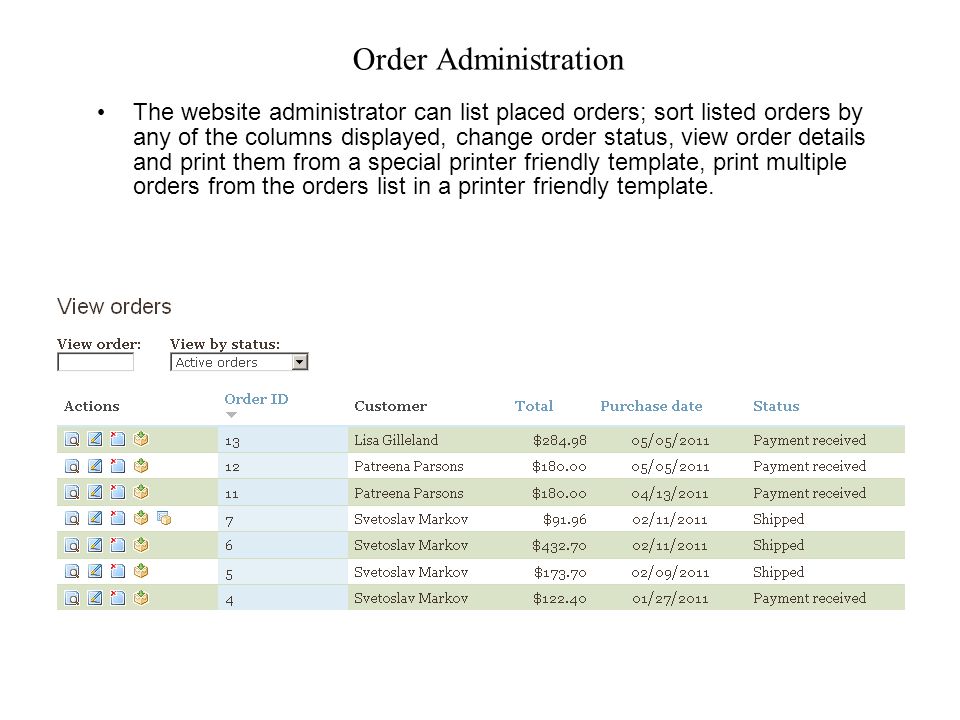 Order Administration The website administrator can list placed orders; sort listed orders by any of the columns displayed, change order status, view order details and print them from a special printer friendly template, print multiple orders from the orders list in a printer friendly template.