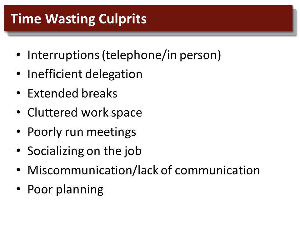 Time Wasting Culprits Interruptions (telephone/in person) Inefficient delegation Extended breaks Cluttered work space Poorly run meetings Socializing on the job Miscommunication/lack of communication Poor planning
