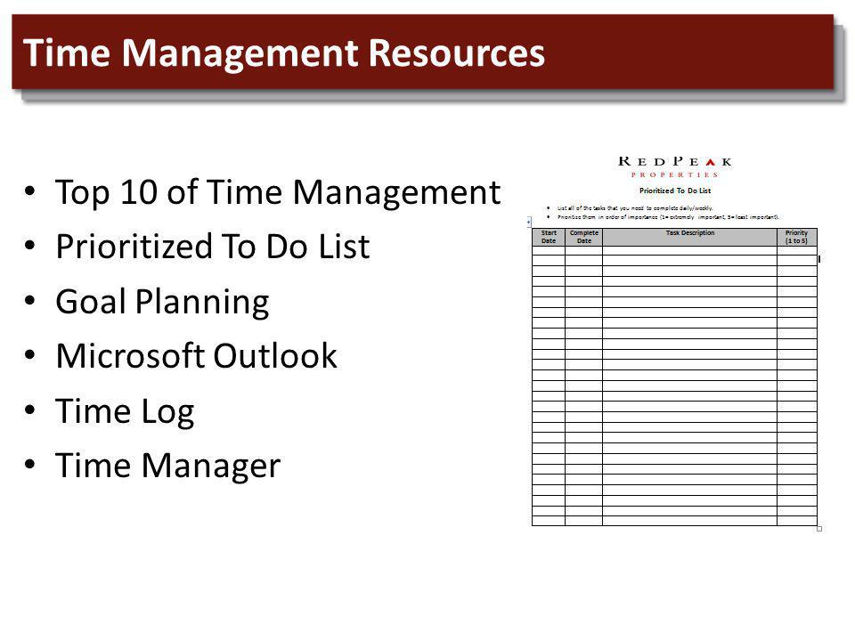 Time Management Resources Top 10 of Time Management Prioritized To Do List Goal Planning Microsoft Outlook Time Log Time Manager