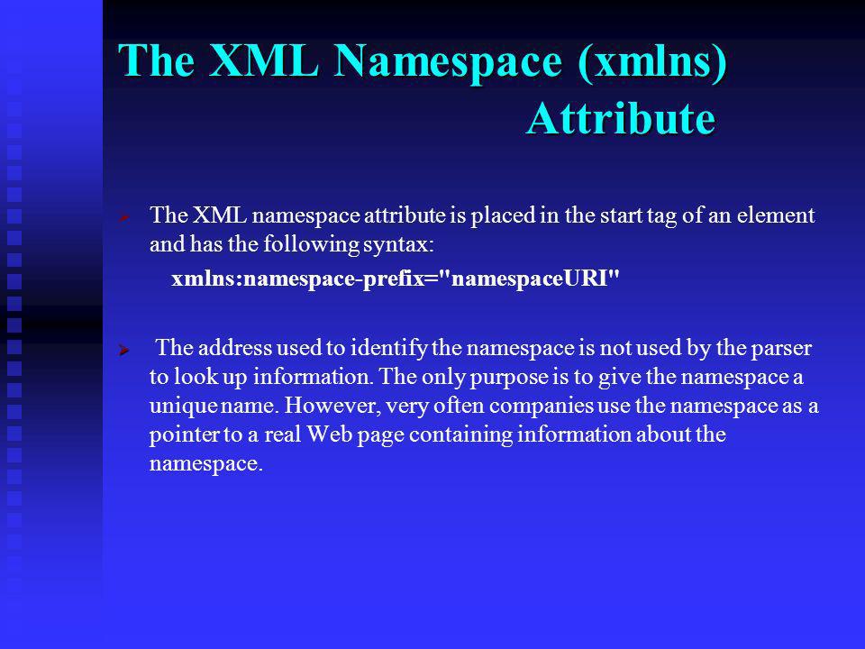 Using Namespaces This XML document carries information in a table: Food Food </h:table> This XML document carries information about a city: London London 100 Miles 100 Miles </f:table>