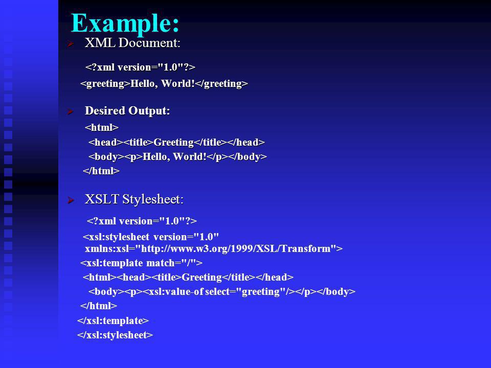 Transforming XML: XSLT XML Stylesheet Language Transformations (XSLT) XML Stylesheet Language Transformations (XSLT) A markup language and programming syntax for processing XML A markup language and programming syntax for processing XML Is most often used to: Is most often used to: Transform XML to HTML for delivery to standard web clients Transform XML to HTML for delivery to standard web clients Transform XML from one set of XML tags to another Transform XML from one set of XML tags to another Transform XML into another syntax/system Transform XML into another syntax/system