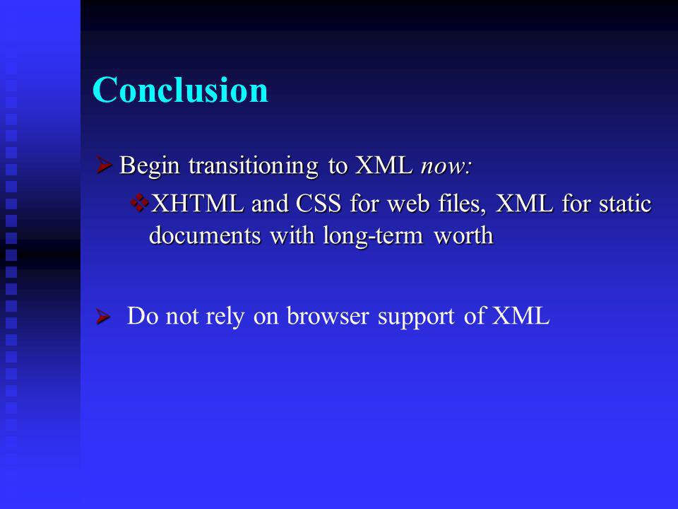 XML to XHTML on the Server Following is the ASP source code for transforming XML file to XHTML on the server: Following is the ASP source code for transforming XML file to XHTML on the server: <% <% Load XML Load XML set xml = Server.CreateObject( Microsoft.XMLDOM ) set xml = Server.CreateObject( Microsoft.XMLDOM ) xml.async = false xml.async = false xml.load(Server.MapPath( bookstore.xml )) xml.load(Server.MapPath( bookstore.xml )) Load XSL Load XSL set xsl = Server.CreateObject( Microsoft.XMLDOM ) set xsl = Server.CreateObject( Microsoft.XMLDOM ) xsl.async = false xsl.async = false xsl.load(Server.MapPath( bookstore.xsl )) xsl.load(Server.MapPath( bookstore.xsl )) Transform file Transform file Response.Write(xml.transformNode(xsl)) Response.Write(xml.transformNode(xsl)) %> %>