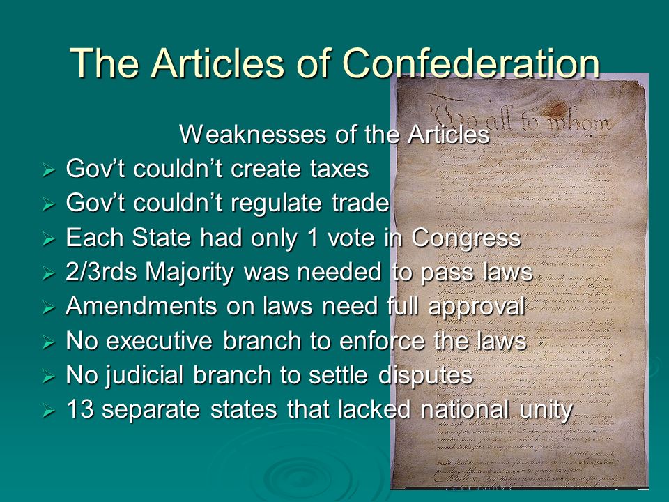 The Articles of Confederation Weaknesses of the Articles Govt couldnt create taxes Govt couldnt create taxes Govt couldnt regulate trade Govt couldnt regulate trade Each State had only 1 vote in Congress Each State had only 1 vote in Congress 2/3rds Majority was needed to pass laws 2/3rds Majority was needed to pass laws Amendments on laws need full approval Amendments on laws need full approval No executive branch to enforce the laws No executive branch to enforce the laws No judicial branch to settle disputes No judicial branch to settle disputes 13 separate states that lacked national unity 13 separate states that lacked national unity