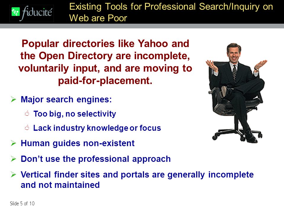 Slide 5 of 10 Existing Tools for Professional Search/Inquiry on Web are Poor Major search engines: Too big, no selectivity Lack industry knowledge or focus Human guides non-existent Dont use the professional approach Vertical finder sites and portals are generally incomplete and not maintained Popular directories like Yahoo and the Open Directory are incomplete, voluntarily input, and are moving to paid-for-placement.