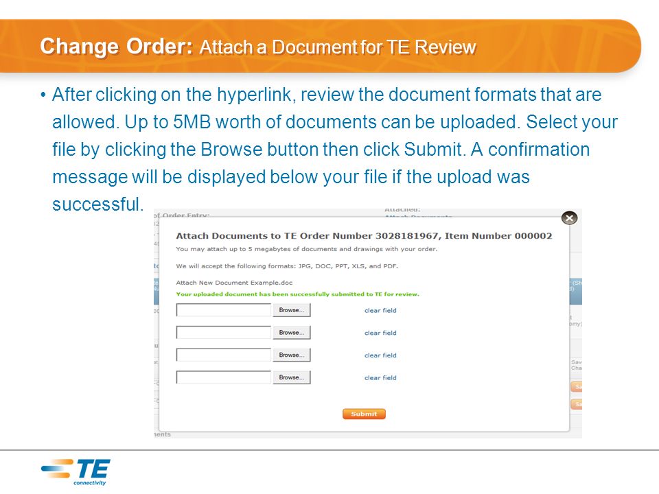 Change Order: Attach a Document for TE Review After clicking on the hyperlink, review the document formats that are allowed.