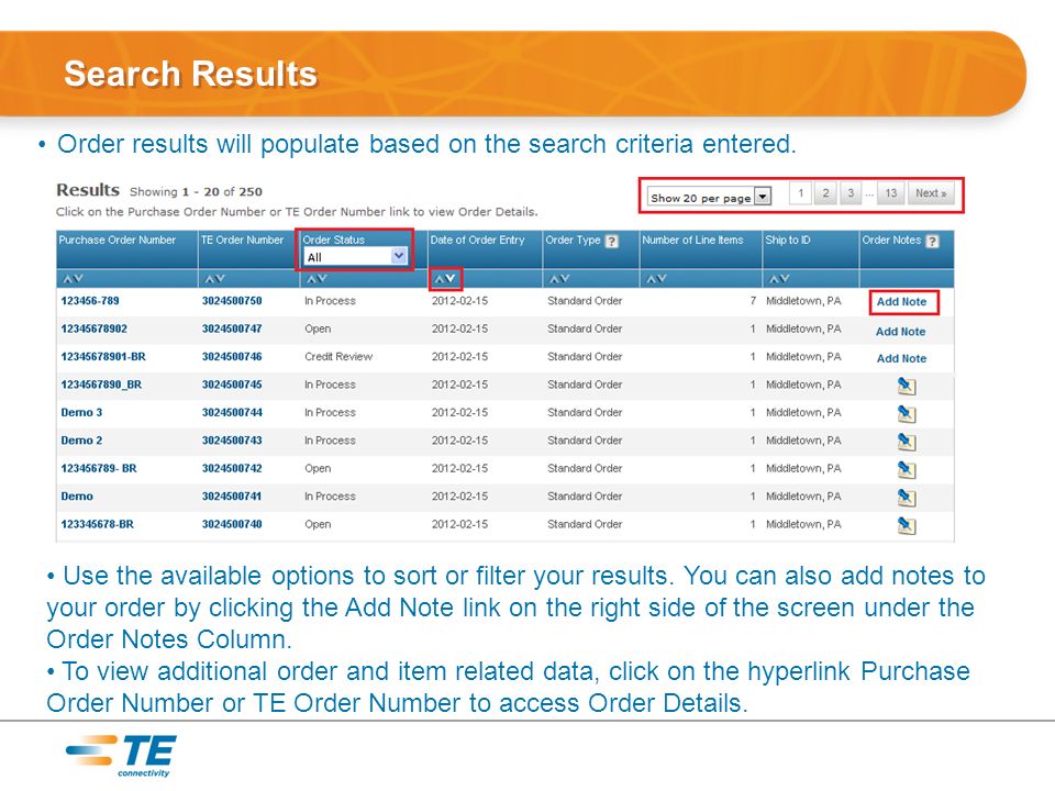 Search Results Order results will populate based on the search criteria entered.