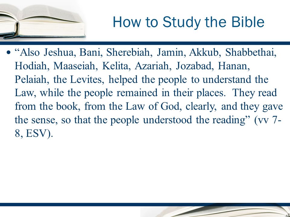 How to Study the Bible Also Jeshua, Bani, Sherebiah, Jamin, Akkub, Shabbethai, Hodiah, Maaseiah, Kelita, Azariah, Jozabad, Hanan, Pelaiah, the Levites, helped the people to understand the Law, while the people remained in their places.