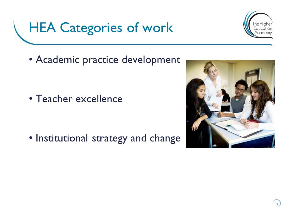 Academic practice development Teacher excellence Institutional strategy and change 2 HEA Categories of work