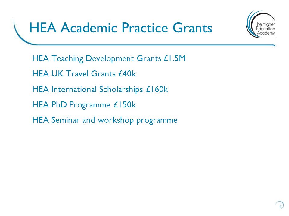3 HEA Academic Practice Grants HEA Teaching Development Grants £1.5M HEA UK Travel Grants £40k HEA International Scholarships £160k HEA PhD Programme £150k HEA Seminar and workshop programme