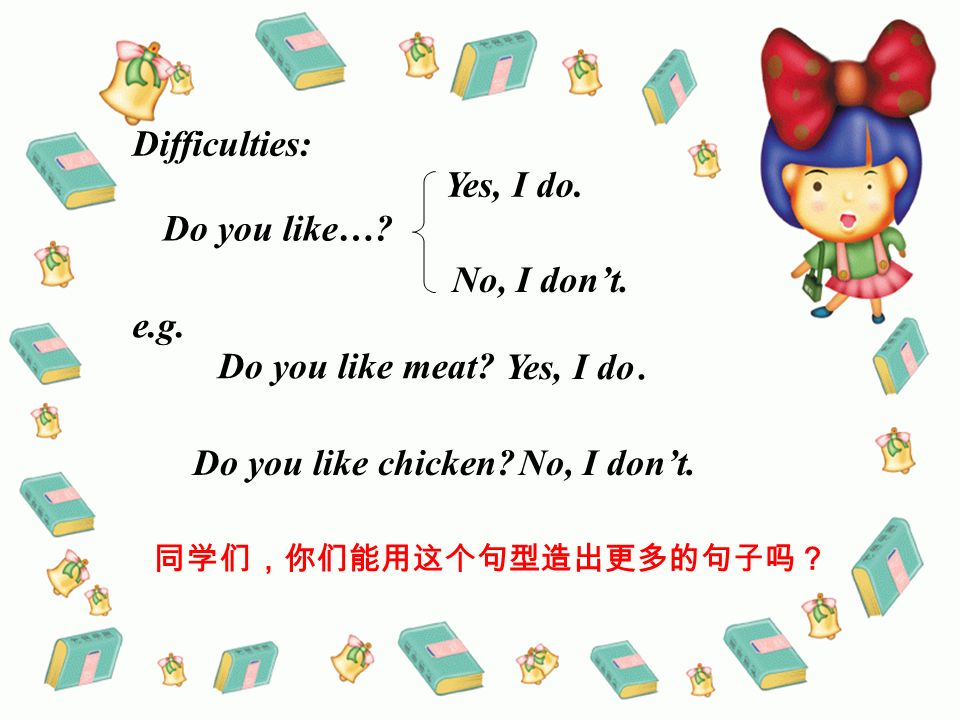 Do you like ____ Do you like fish Do you like water No, I dont like fish. I like chicken.