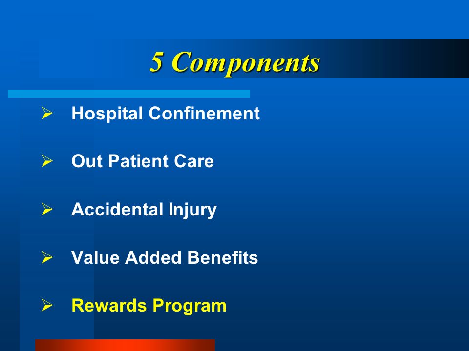 5 Components Hospital Confinement Out Patient Care Accidental Injury Value Added Benefits Rewards Program