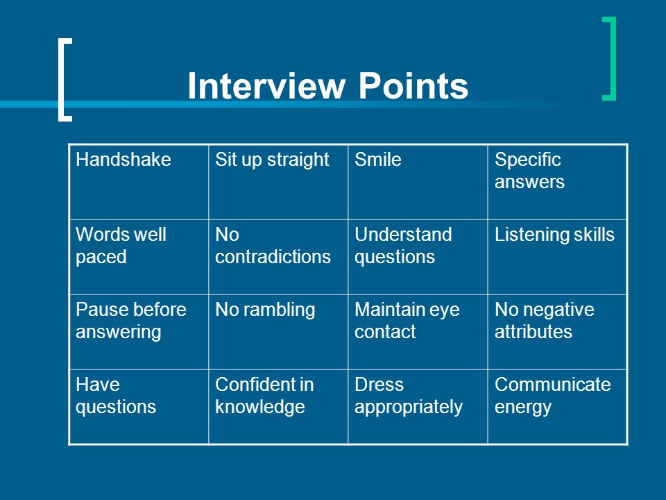 Interview Points HandshakeSit up straightSmileSpecific answers Words well paced No contradictions Understand questions Listening skills Pause before answering No ramblingMaintain eye contact No negative attributes Have questions Confident in knowledge Dress appropriately Communicate energy