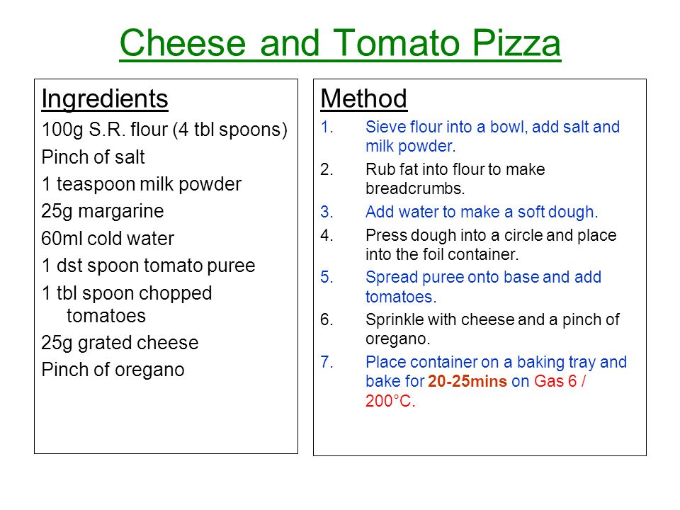 Cheese and Tomato Pizza Ingredients 100g S.R.