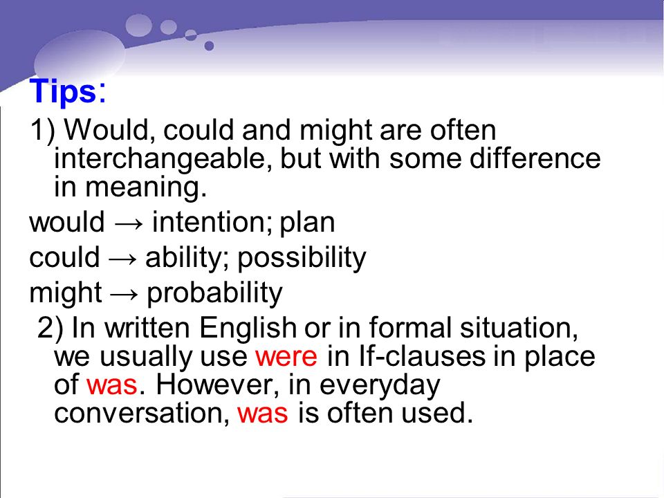 Tips : 1) Would, could and might are often interchangeable, but with some difference in meaning.