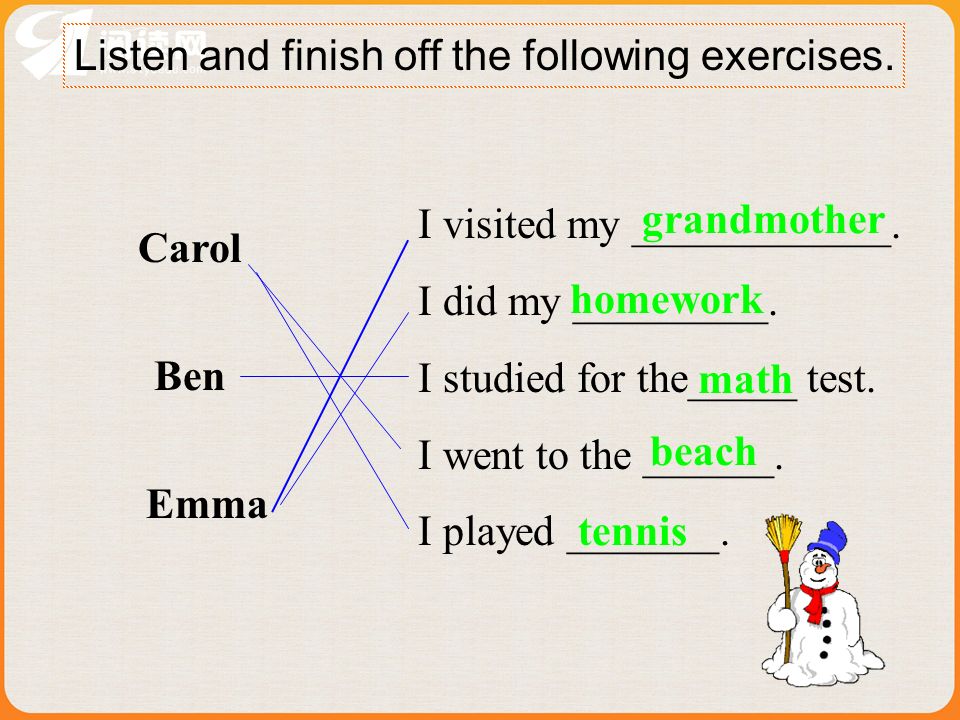 Listen and finish off the following exercises. I visited my ____________.