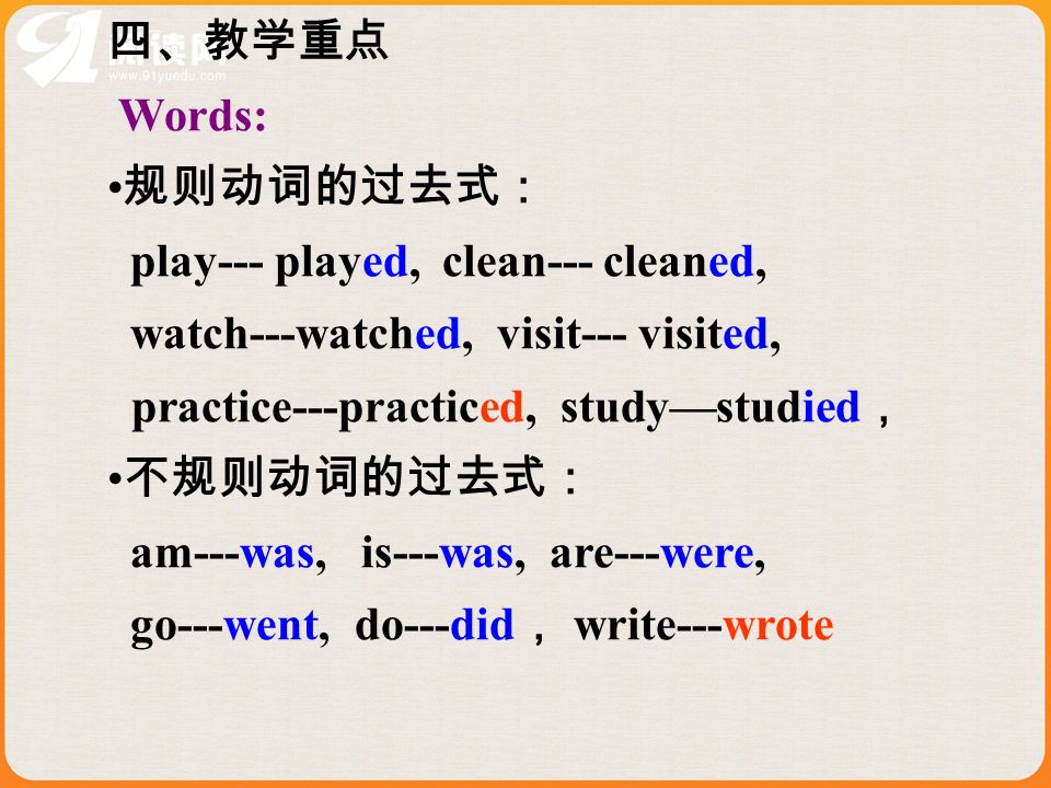 Words: play--- played, clean--- cleaned, watch---watched, visit--- visited, practice---practiced, studystudied am---was, is---was, are---were, go---went, do---did write---wrote