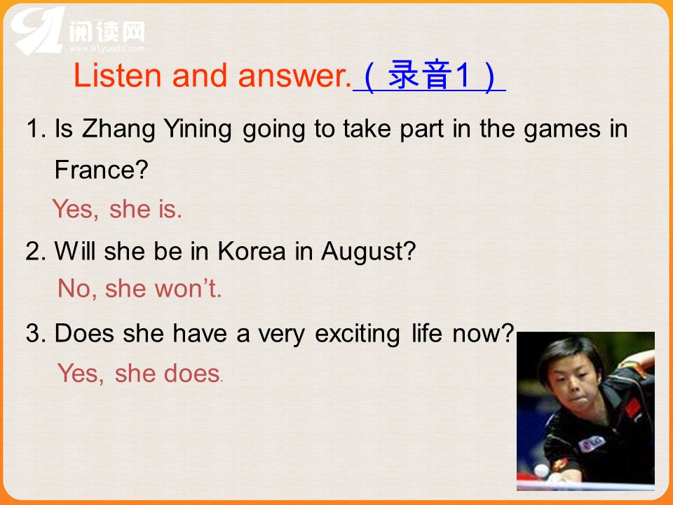 Listen and answer Is Zhang Yining going to take part in the games in France.