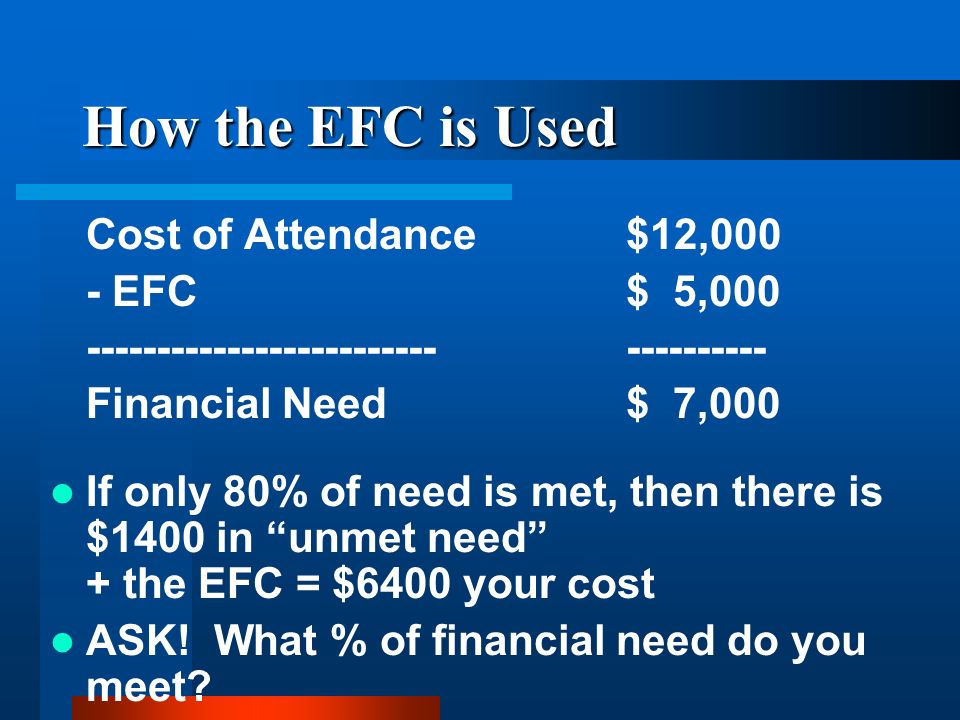 How the EFC is Used Cost of Attendance$12,000 - EFC$ 5, Financial Need$ 7,000 If only 80% of need is met, then there is $1400 in unmet need + the EFC = $6400 your cost ASK.