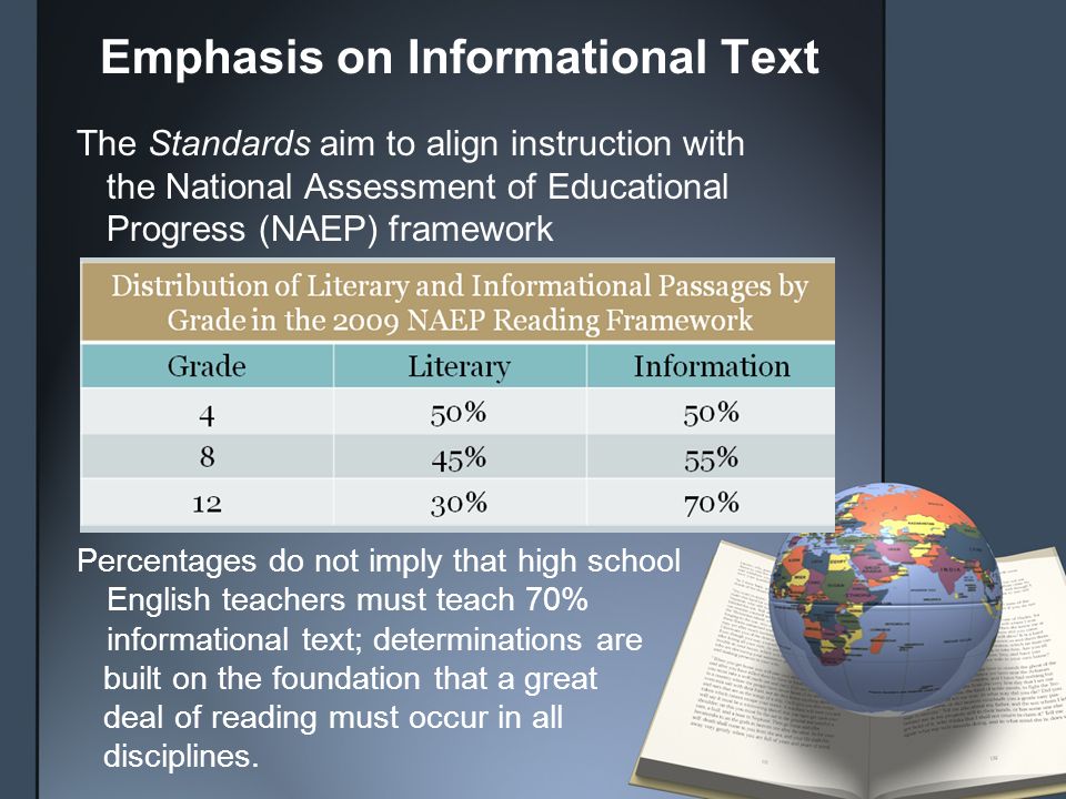 Emphasis on Informational Text The Standards aim to align instruction with the National Assessment of Educational Progress (NAEP) framework Percentages do not imply that high school English teachers must teach 70% informational text; determinations are built on the foundation that a great deal of reading must occur in all disciplines.