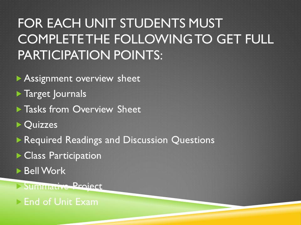 FOR EACH UNIT STUDENTS MUST COMPLETE THE FOLLOWING TO GET FULL PARTICIPATION POINTS: Assignment overview sheet Target Journals Tasks from Overview Sheet Quizzes Required Readings and Discussion Questions Class Participation Bell Work Summative Project End of Unit Exam