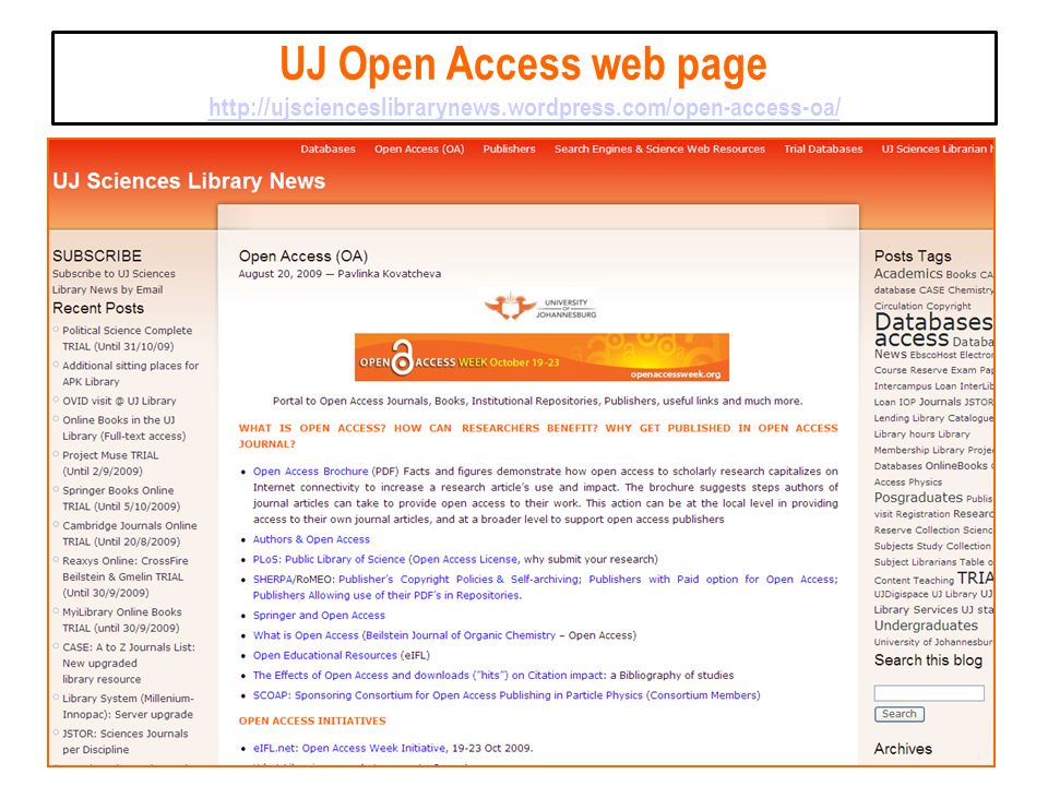 UJ Open Access web page