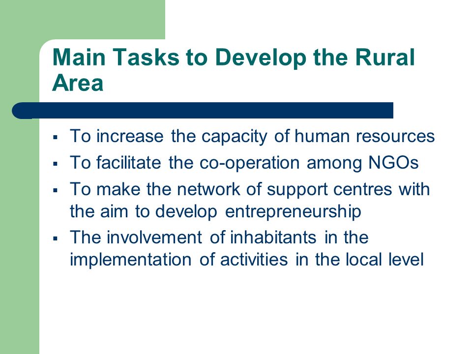 Main Tasks to Develop the Rural Area To increase the capacity of human resources To facilitate the co-operation among NGOs To make the network of support centres with the aim to develop entrepreneurship The involvement of inhabitants in the implementation of activities in the local level