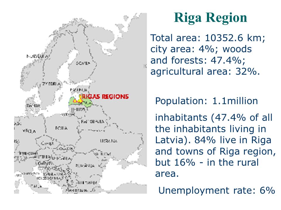 Riga Region Total area: km; city area: 4%; woods and forests: 47.4%; agricultural area: 32%.