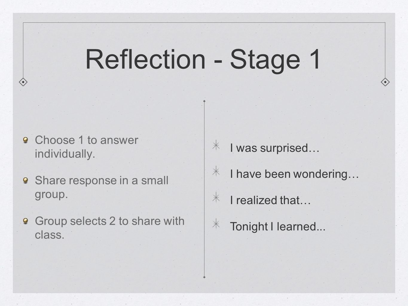 Reflection - Stage 1 Choose 1 to answer individually.