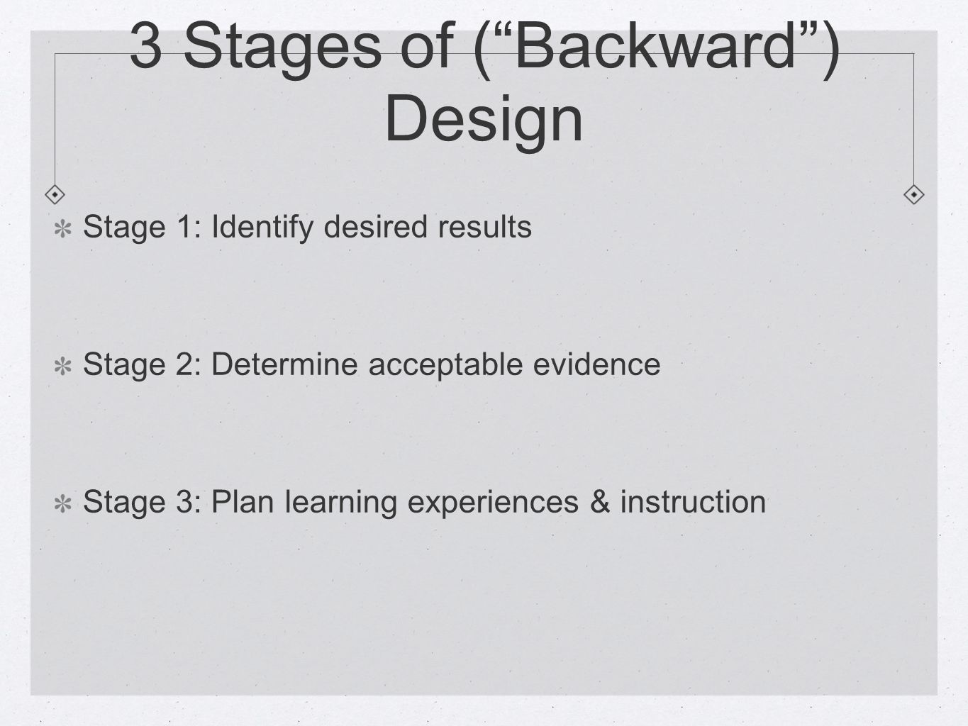 3 Stages of (Backward) Design Stage 1: Identify desired results Stage 2: Determine acceptable evidence Stage 3: Plan learning experiences & instruction