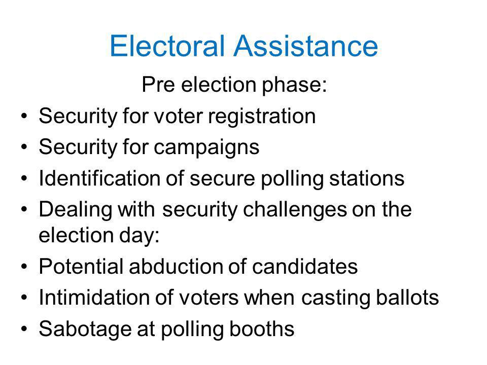 Electoral Assistance Pre­ election phase: Security for voter registration Security for campaigns Identification of secure polling stations Dealing with security challenges on the election day: Potential abduction of candidates Intimidation of voters when casting ballots Sabotage at polling booths