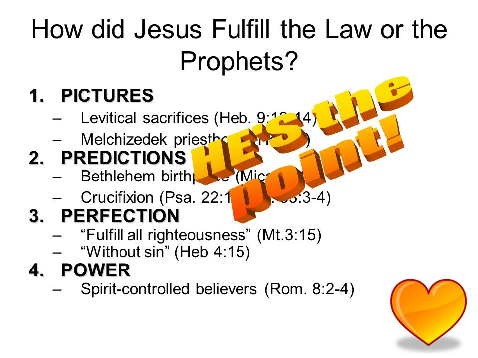How did Jesus Fulfill the Law or the Prophets. 1.PICTURES –Levitical sacrifices (Heb.