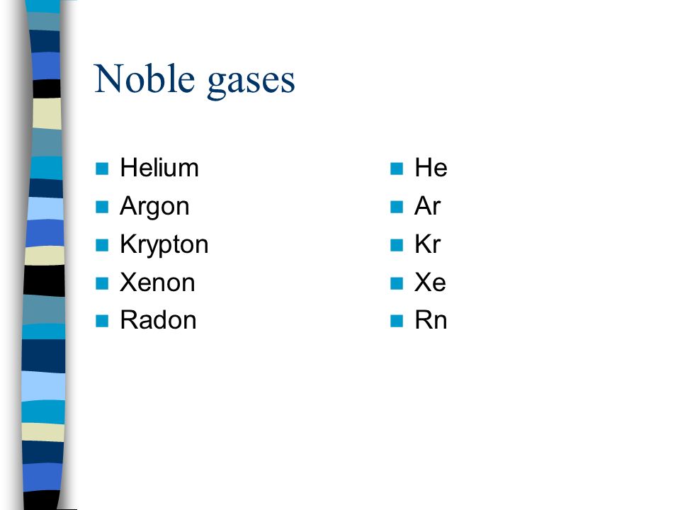 Noble gases Helium Argon Krypton Xenon Radon He Ar Kr Xe Rn