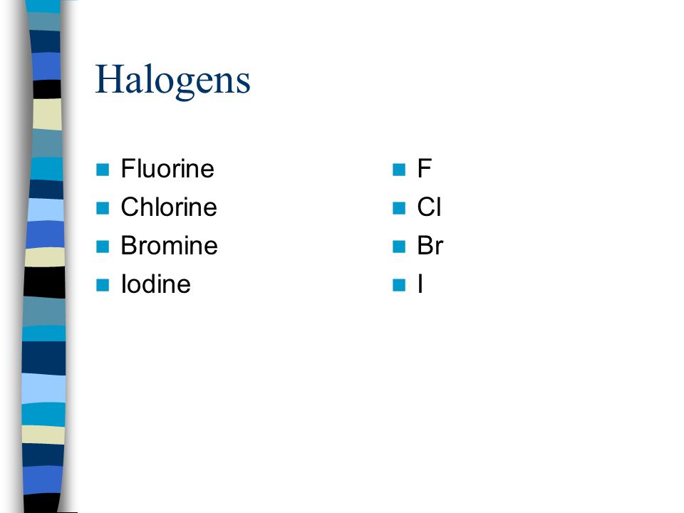 Halogens Fluorine Chlorine Bromine Iodine F Cl Br I