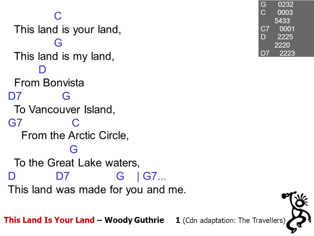This Land Is Your Land – Woody Guthrie 1 (Cdn adaptation: The Travellers) G 0232 C C D D C This land is your land, G This land is my land, D From Bonvista D7 G To Vancouver Island, G7 C From the Arctic Circle, G To the Great Lake waters, D D7 G | G7...