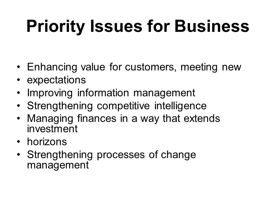 Priority Issues for Business Enhancing value for customers, meeting new expectations Improving information management Strengthening competitive intelligence Managing finances in a way that extends investment horizons Strengthening processes of change management