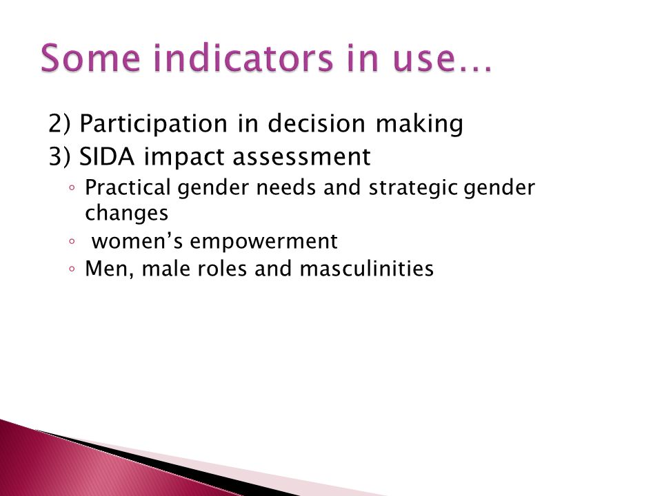2) Participation in decision making 3) SIDA impact assessment Practical gender needs and strategic gender changes womens empowerment Men, male roles and masculinities